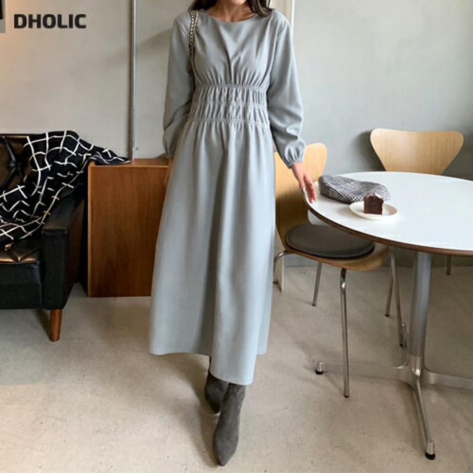 ウエストシャーリングワンピース・全2色・t65858 レディース 【ops】韓国ファッション ワンピース ロング ロングワンピース 長袖 ラウンドネック シャーリング ギャザー フレア ロング丈 無地 シンプル 体型カバー カジュアル 秋 冬