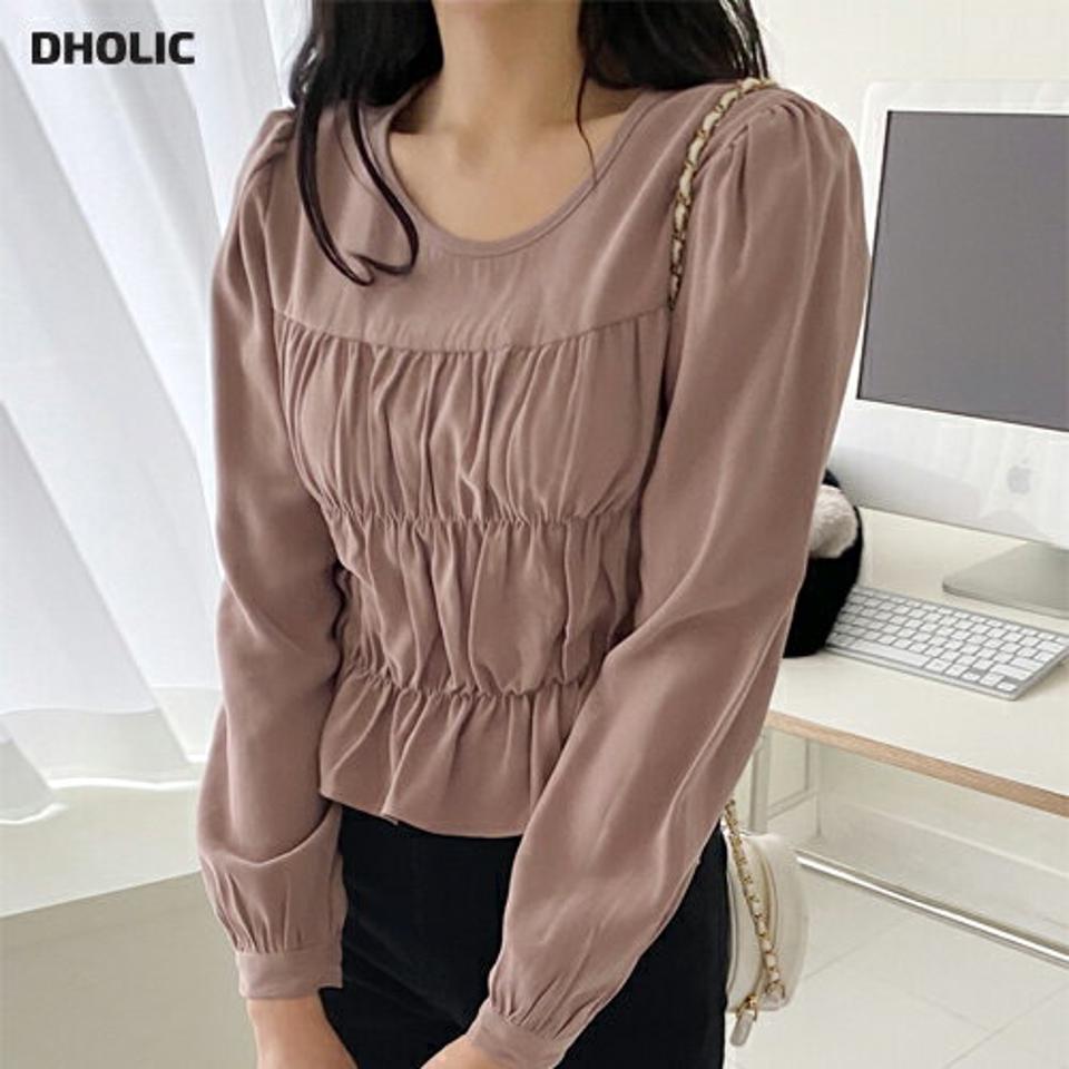 ラウンドシャーリングブラウス・全5色・t01650 レディース 【bl】韓国ファッション トップス ブラウス 長袖 ラウンドネック シャーリング パフショルダー 無地 大人 シンプル フェミニン 上品 体型カバー 細身 ガーリー 秋 冬 NIJU