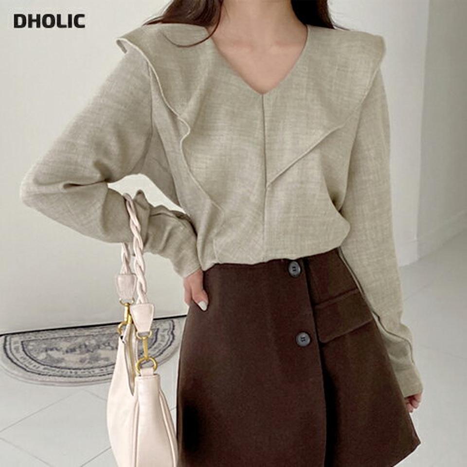 Vネックラッフルカラーブラウス・全2色・t01679 レディース 【bl】韓国ファッション トップス ブラウス 長袖 Vネック ラッフルカラー ボタン 大人 シンプル フェミニン ルーズ 上品 体型カバー 細身 ガーリー カジュアル 秋 冬 NIJU