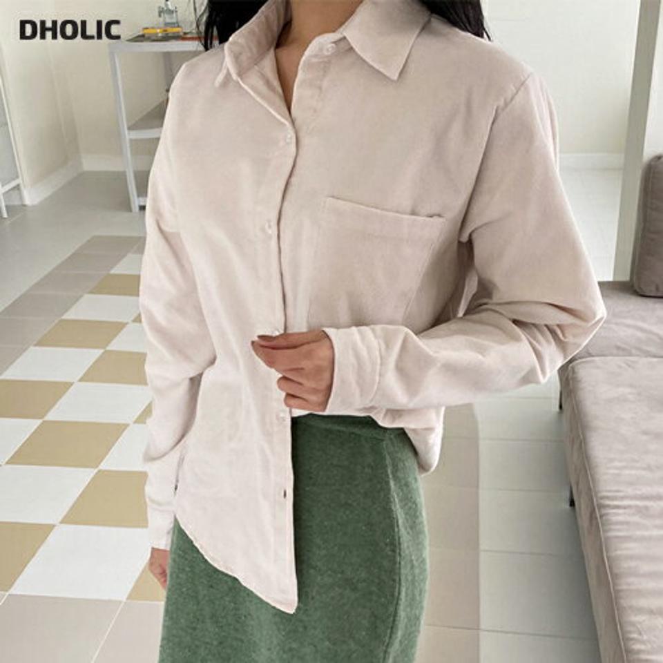 コーデュロイカラーネックシャツ・全5色・t01652 レディース 【bl】韓国ファッション トップス シャツ 長袖 カラーネック コーデュロイ ボタン パッチポケット フェミニン 体型カバー 無地 シンプル 秋 冬 NIJU