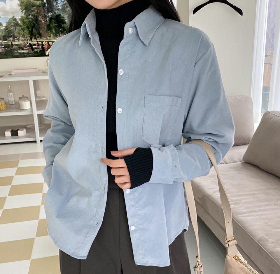 コーデュロイカラーネックシャツ・全5色・t01652 レディース 【bl】韓国ファッション トップス シャツ 長袖 カラーネック コーデュロイ ボタン パッチポケット フェミニン 体型カバー 無地 シンプル 秋 冬 NIJU