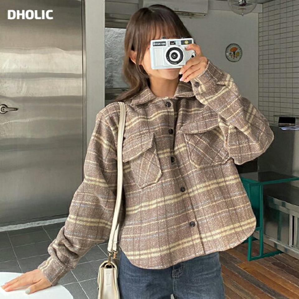 チェックパターンフラップポケットシャツ・全2色・t01653 レディース 【bl】韓国ファッション トップス シャツ 長袖 カラーネック チェック フラップポケット ウール混 ルーズ カジュアル 体型カバー シンプル 秋 冬 NIJU