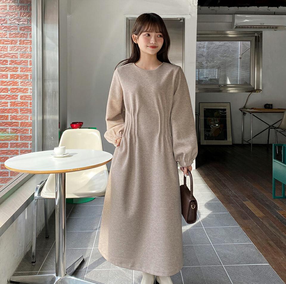 ウエストタックロングワンピース・全2色・b01680 レディース 【ops】韓国ファッション ワンピース ロングワンピース 長袖 ラウンドネック タック フレア ワンマイルウェア ロング丈 無地 シンプル カジュアル 秋 冬 NIJU