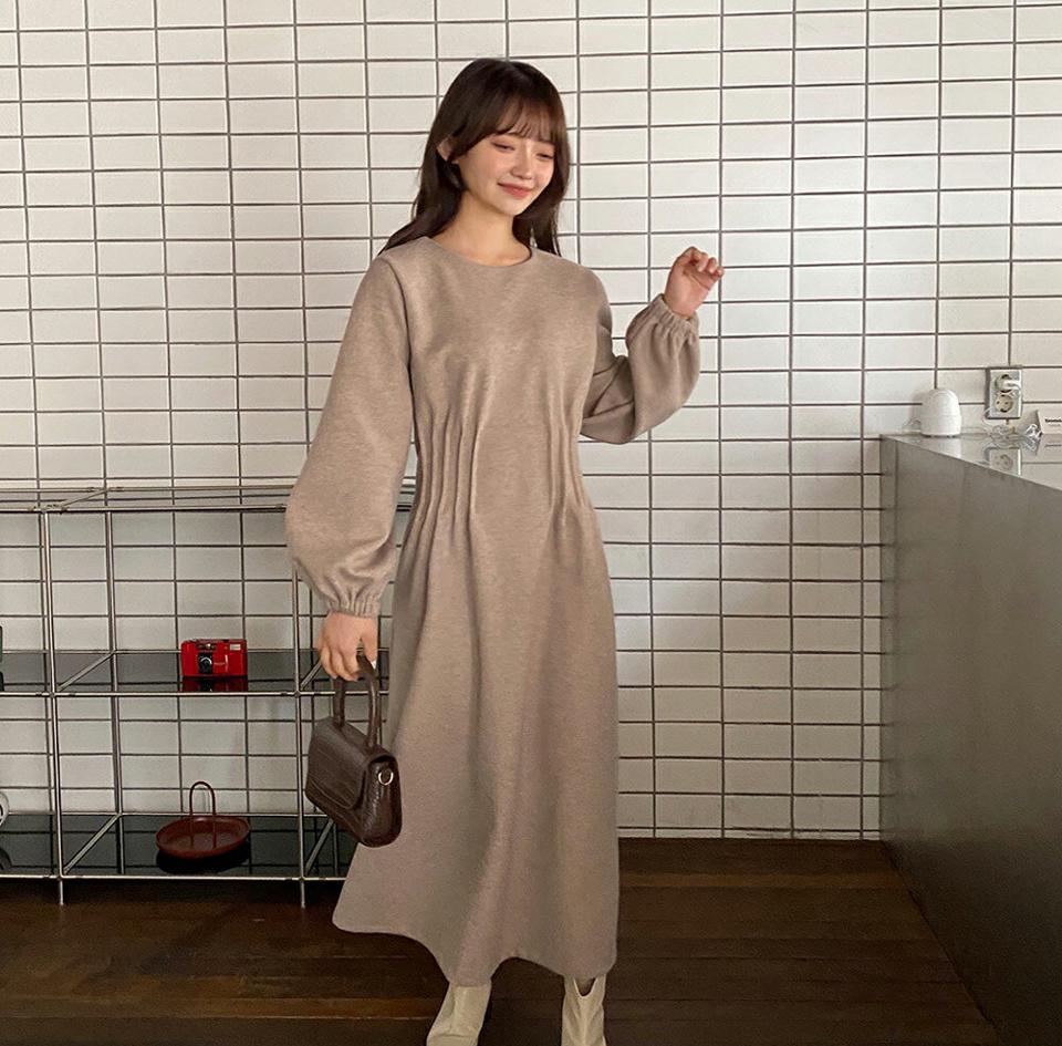 ウエストタックロングワンピース・全2色・b01680 レディース 【ops】韓国ファッション ワンピース ロングワンピース 長袖 ラウンドネック タック フレア ワンマイルウェア ロング丈 無地 シンプル カジュアル 秋 冬 NIJU