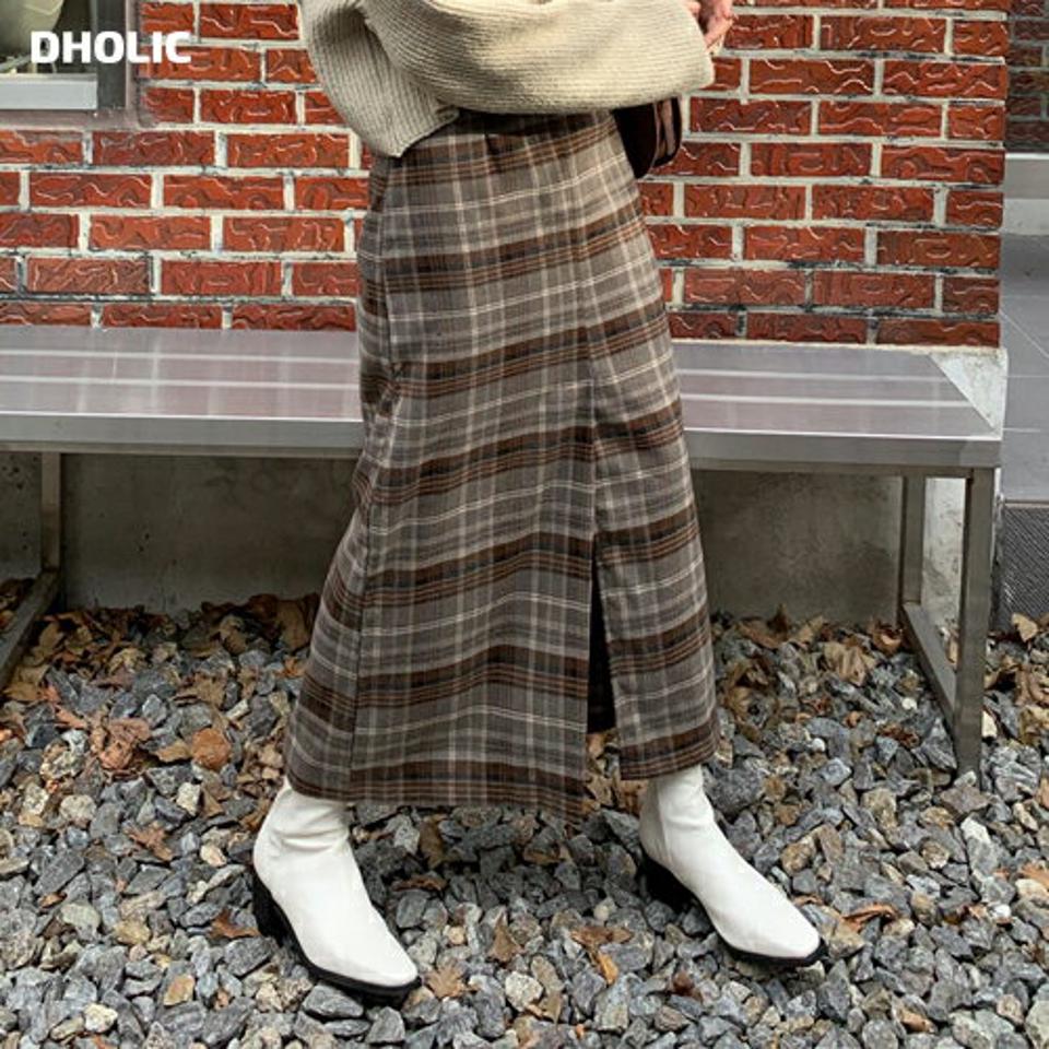 チェックフロントスリットスカート・全2色・t01724 レディース 【sk】韓国ファッション ボトムス スカート ロング ロングスカート チェック柄 スリット 大人 ロング丈 ストレート 体型カバー 細身 上品 フェミニン シンプル カジュアル 秋 冬 NIJU