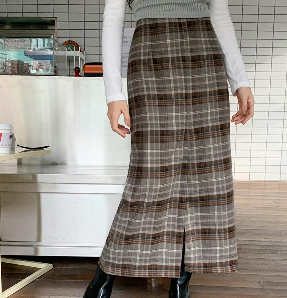 チェックフロントスリットスカート・全2色・t01724 レディース 【sk】韓国ファッション ボトムス スカート ロング ロングスカート チェック柄 スリット 大人 ロング丈 ストレート 体型カバー 細身 上品 フェミニン シンプル カジュアル 秋 冬 NIJU