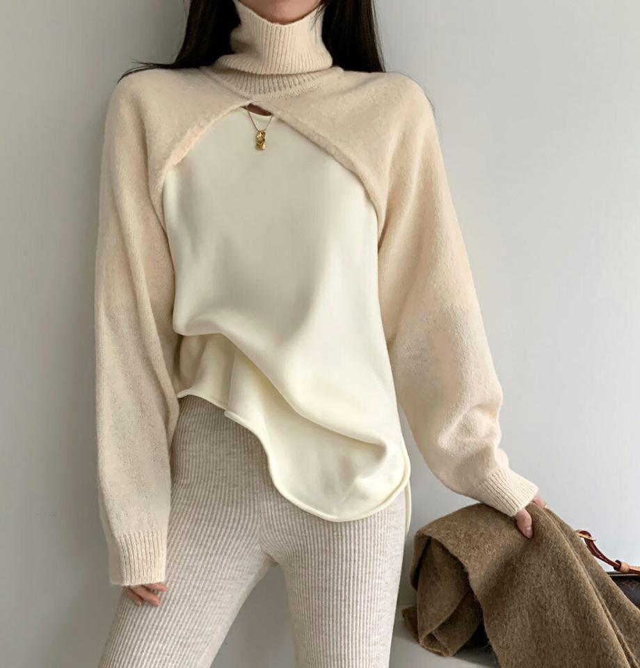 タートルネックカットアウトニット・全4色・t00526 レディース 【tops】トップス ニット 長袖 カットアウト タートルネック ハイネック 単色 無地 ユニーク 個性的 レイヤード トレンド ラフ アルパカ 秋 冬 韓国ファッション ハイホリHIHOLLI