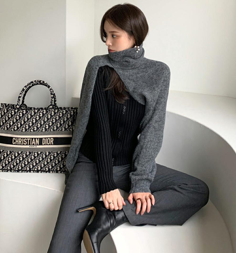 タートルネックカットアウトニット・全4色・t00526 レディース 【tops】トップス ニット 長袖 カットアウト タートルネック ハイネック 単色 無地 ユニーク 個性的 レイヤード トレンド ラフ アルパカ 秋 冬 韓国ファッション ハイホリHIHOLLI