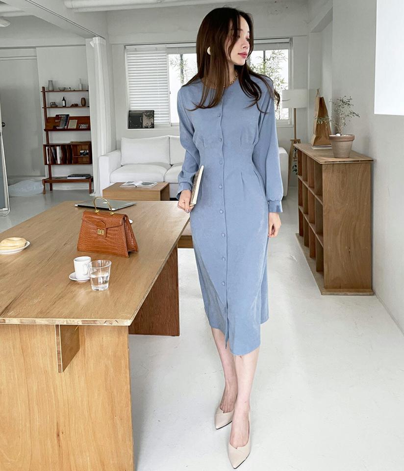 ボタンピンタックリボンワンピース・全4色・t00524 レディース 【ops】ワンピース ロング丈 ロングワンピース りぼん ピンタック 単色 無地 シンプル 大人 フェミニン きれいめ くるみボタン 秋 冬 韓国ファッション ハイホリHIHOLLI