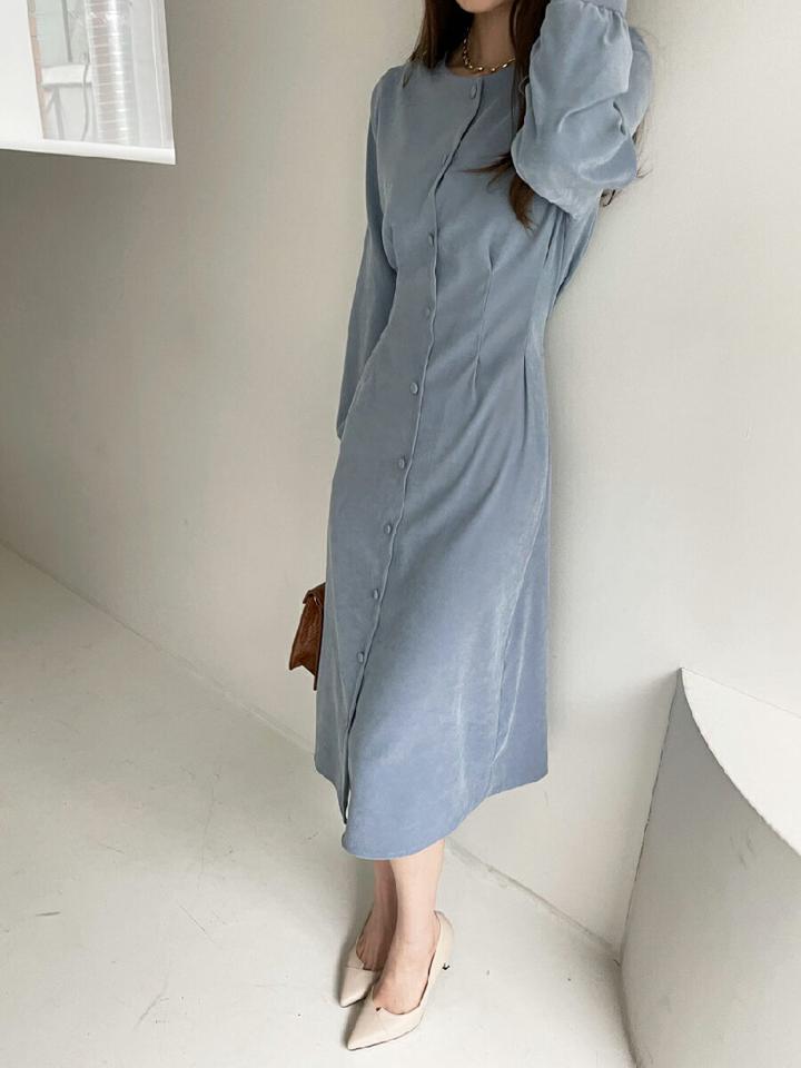 ボタンピンタックリボンワンピース・全4色・t00524 レディース 【ops】ワンピース ロング丈 ロングワンピース りぼん ピンタック 単色 無地 シンプル 大人 フェミニン きれいめ くるみボタン 秋 冬 韓国ファッション ハイホリHIHOLLI