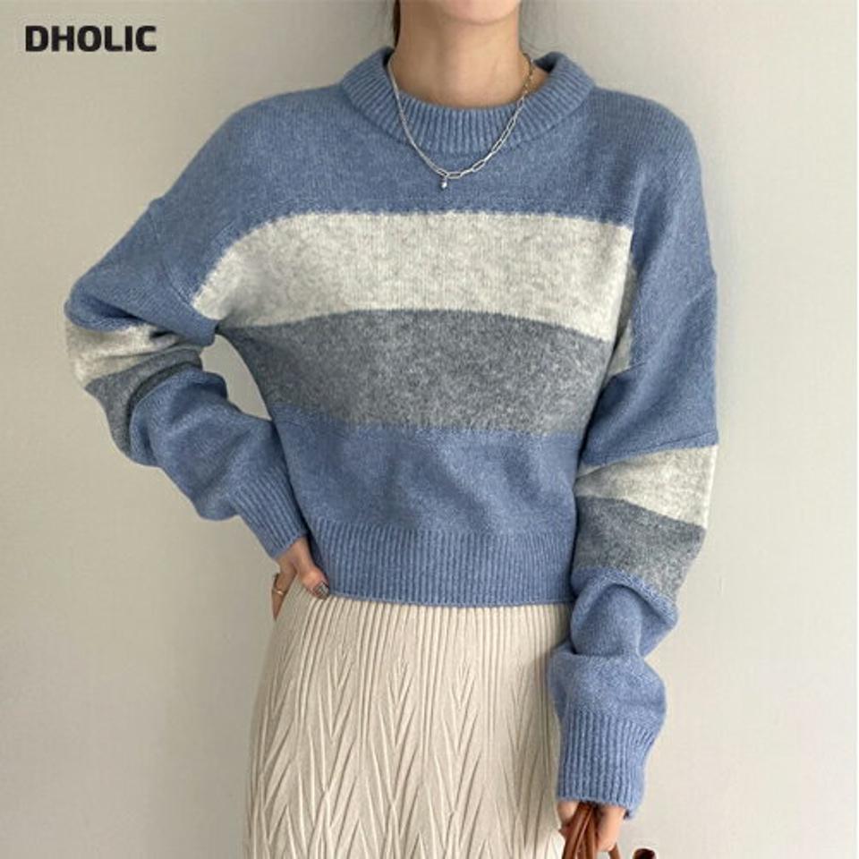スカラップボーダークロップドニット・全3色・b00502 レディース 【tops】トップス ニット 長袖 クロップド丈 短丈 ボーダー柄 マルチボーダー カジュアル ラフ ラウンドネック ウール カラーニット 水色 秋 冬 韓国ファッション ハイホリHIHOLLI 年上