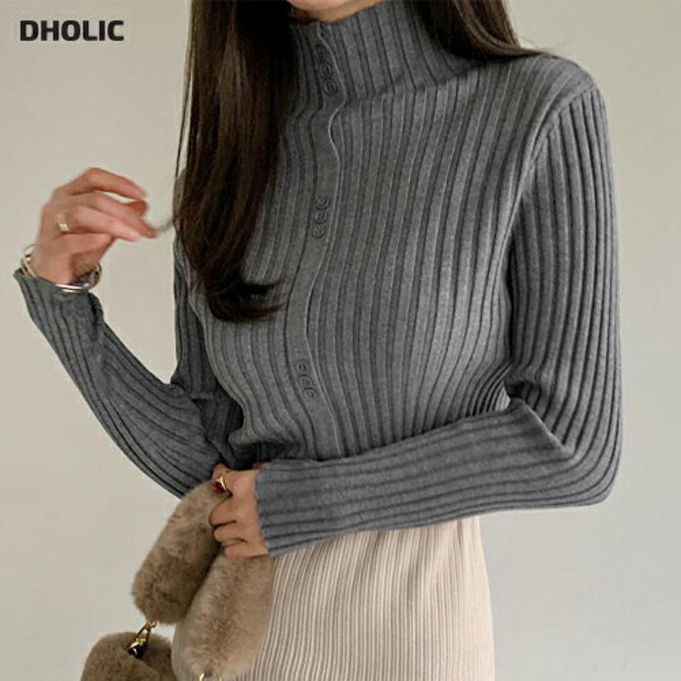 ≪人気商品再入荷≫フェイクボタンハーフネックリブニット・全2色・b00515 レディース 【tops】トップス ニット 長袖 ハーフネック 単色 無地 シンプル リブニット カジュアル ラフ 大人 秋 冬 韓国ファッション ハイホリHIHOLLI