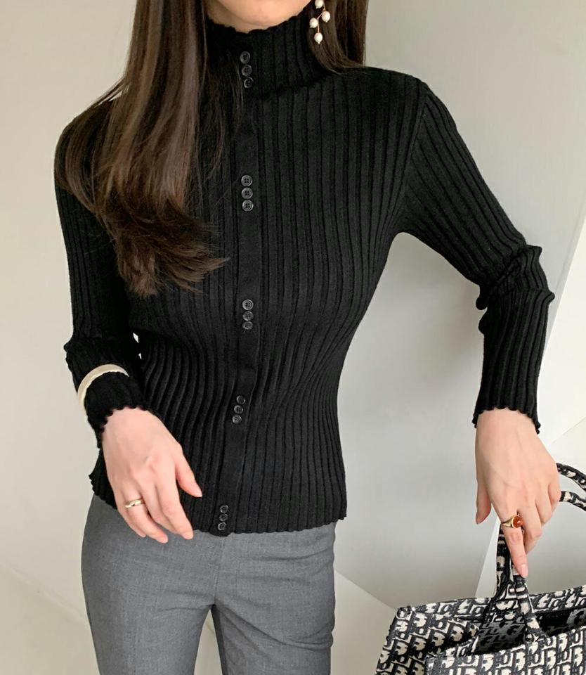 ≪人気商品再入荷≫フェイクボタンハーフネックリブニット・全2色・b00515 レディース 【tops】トップス ニット 長袖 ハーフネック 単色 無地 シンプル リブニット カジュアル ラフ 大人 秋 冬 韓国ファッション ハイホリHIHOLLI