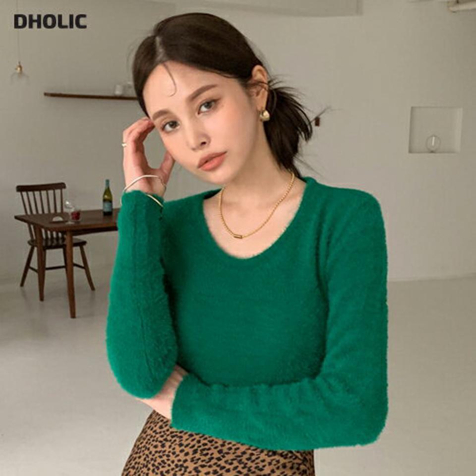 Uネックシャギーニット・全7色・t00525 レディース 【tops】トップス ニット 長袖 シャギーニット Uネック 単色 無地 シンプル 大人 ベーシック 柔らかい ニットトップス カラーニット 秋 冬 韓国ファッション ハイホリHIHOLLI