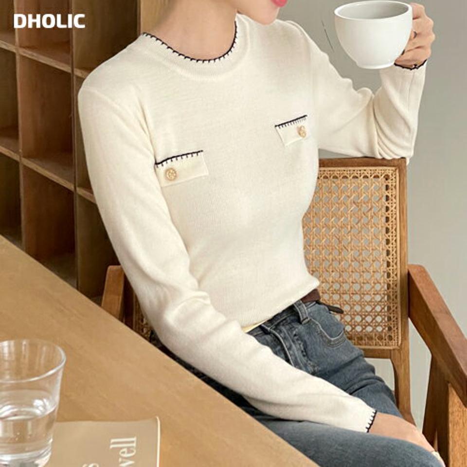 フェイクポケットステッチニット・全3色・t00497 レディース 【tops】トップス ニット 長袖 ステッチ シンプル ゴールドボタン 大人 カジュアル ニットトップス 秋 冬 韓国ファッション ハイホリHIHOLLI