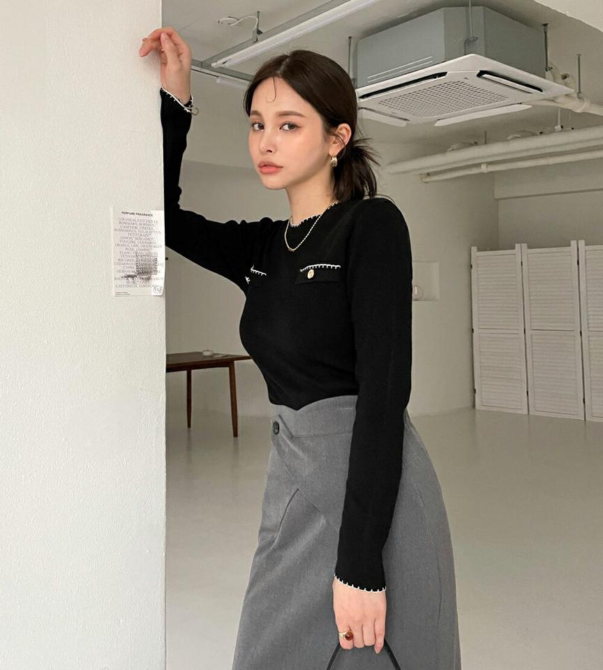 フェイクポケットステッチニット・全3色・t00497 レディース 【tops】トップス ニット 長袖 ステッチ シンプル ゴールドボタン 大人 カジュアル ニットトップス 秋 冬 韓国ファッション ハイホリHIHOLLI