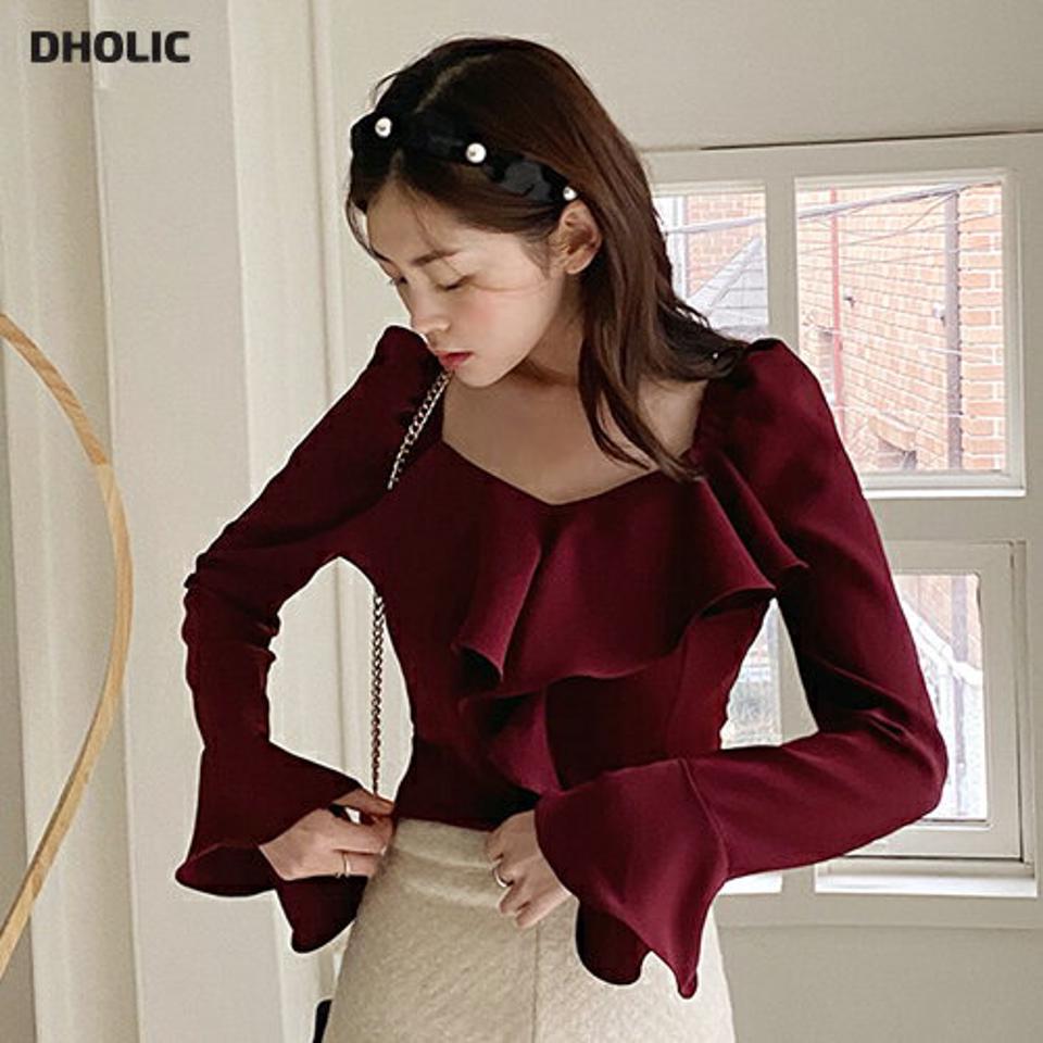 ショルダーゴムフリルブラウス・全3色・t65870 レディース 【bl】韓国ファッション トップス ブラウス 長袖 Vネック ショルダーゴム フリル スリム クロップド丈 無地 シンプル 大人 体型カバー カジュアル フェミニン 秋 冬