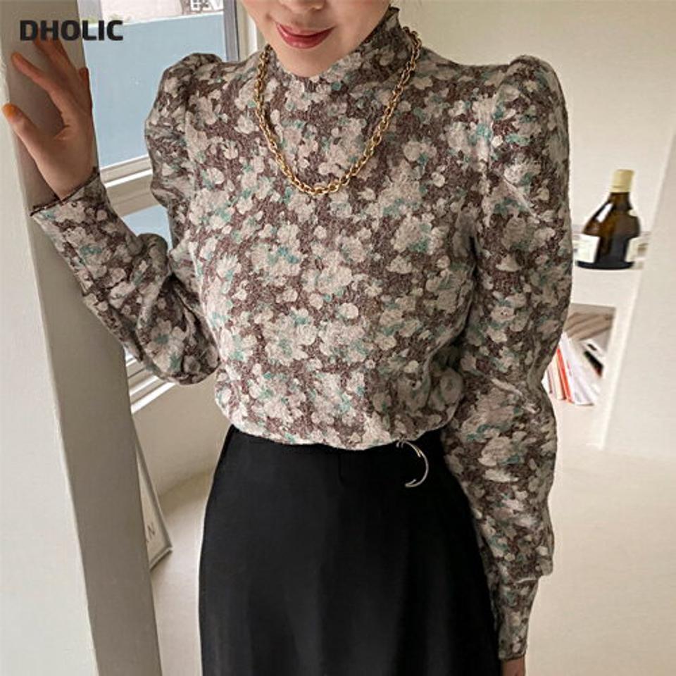 起毛フラワーハーフネックブラウス・全3色・b65916 レディース 【bl】韓国ファッション トップス ブラウス 長袖 ハーフネック 花柄 フラワー フローラル パフスリーブ 起毛 シンプル 大人 体型カバー カジュアル フェミニン 秋 冬