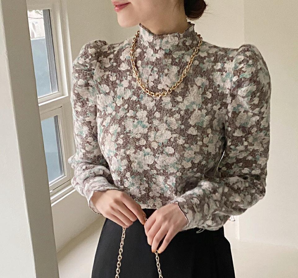 起毛フラワーハーフネックブラウス・全3色・b65916 レディース 【bl】韓国ファッション トップス ブラウス 長袖 ハーフネック 花柄 フラワー フローラル パフスリーブ 起毛 シンプル 大人 体型カバー カジュアル フェミニン 秋 冬