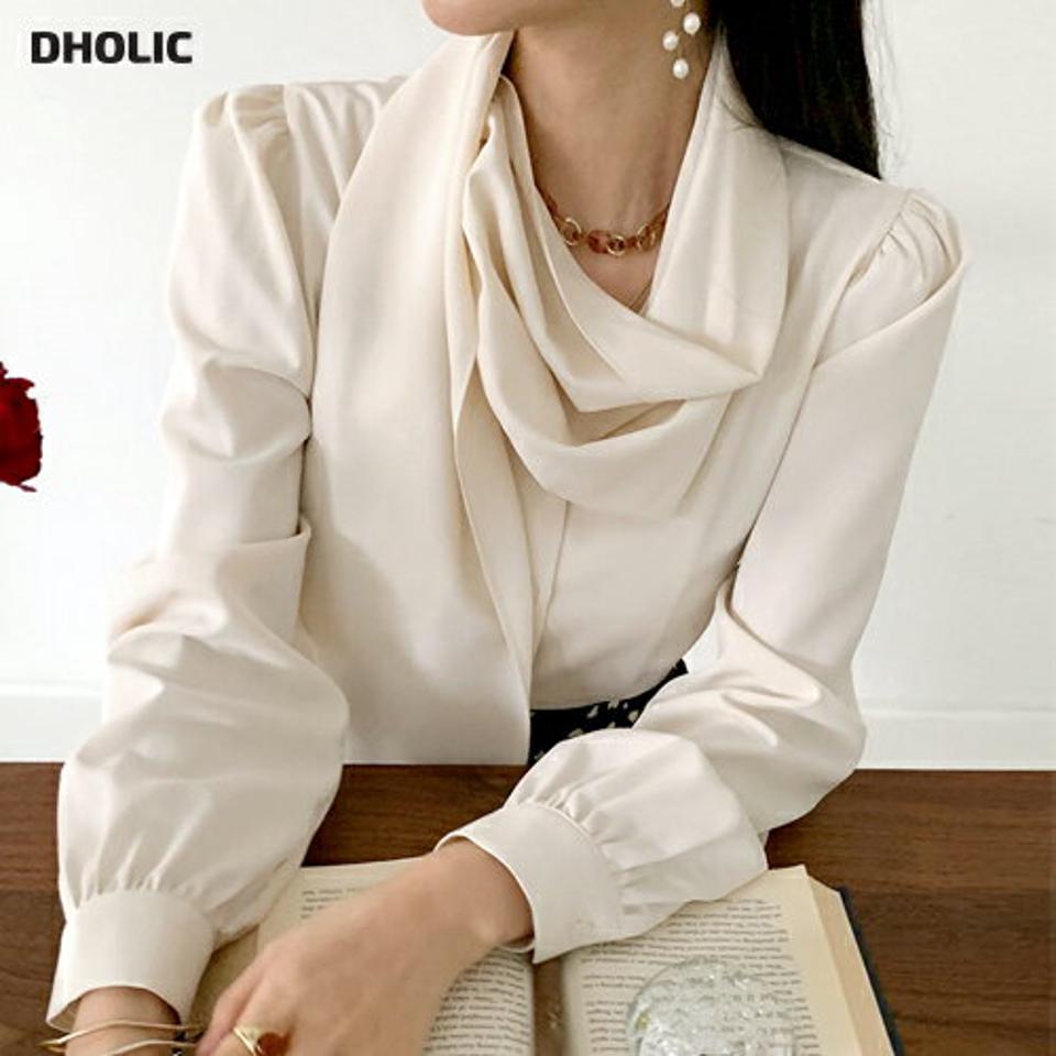 ロングストラップブラウス・全3色・t00496 レディース 【bl】トップス ブラウス 長袖 襟コンシャス ストラップ 単色 無地 シンプル 大人 上品 フェミニン きれいめ オフィスカジュアル パフスリーブ パフ袖 秋 冬 韓国ファッション ハイホリHIHOLLI