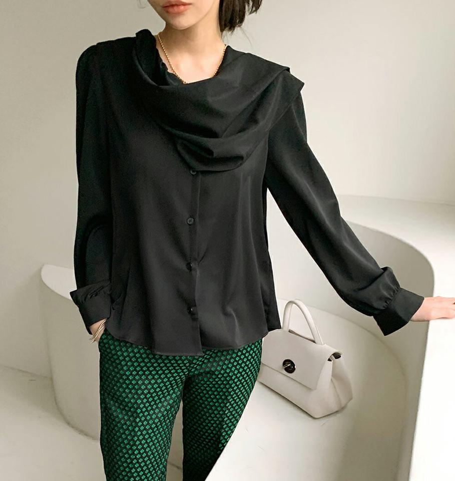 ロングストラップブラウス・全3色・t00496 レディース 【bl】トップス ブラウス 長袖 襟コンシャス ストラップ 単色 無地 シンプル 大人 上品 フェミニン きれいめ オフィスカジュアル パフスリーブ パフ袖 秋 冬 韓国ファッション ハイホリHIHOLLI