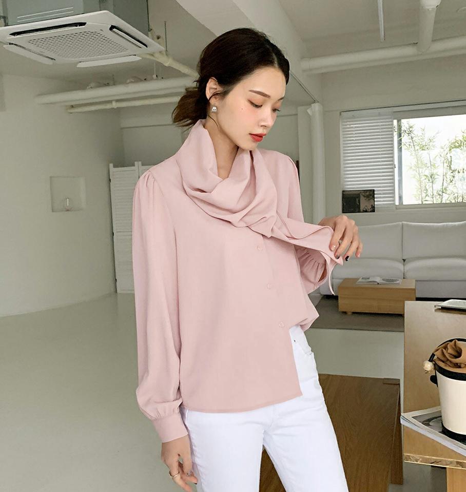 ロングストラップブラウス・全3色・t00496 レディース 【bl】トップス ブラウス 長袖 襟コンシャス ストラップ 単色 無地 シンプル 大人 上品 フェミニン きれいめ オフィスカジュアル パフスリーブ パフ袖 秋 冬 韓国ファッション ハイホリHIHOLLI