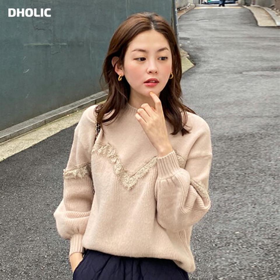 ウール混レースラインニット・全2色・b65941 レディース 【tops】韓国ファッション トップス ニット 年上 大人 長袖 ラウンドネック ウール混 レース パフスリーブ リブ シンプル フェミニン カジュアル 秋 冬