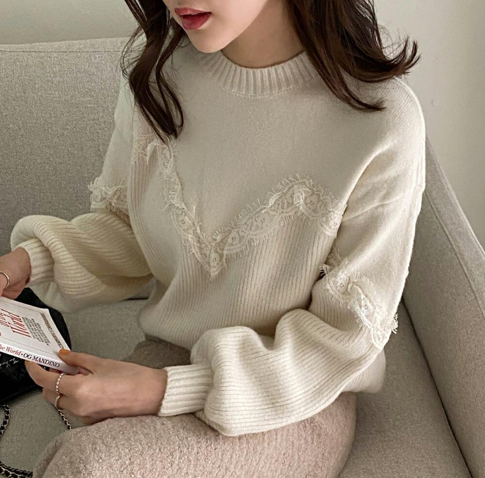 ウール混レースラインニット・全2色・b65941 レディース 【tops】韓国ファッション トップス ニット 年上 大人 長袖 ラウンドネック ウール混 レース パフスリーブ リブ シンプル フェミニン カジュアル 秋 冬