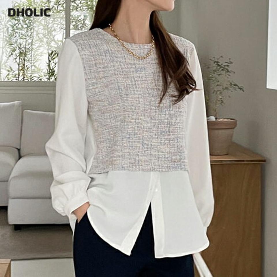 ツイード配色ブラウス・全2色・t00494 レディース 【bl】トップス ブラウス 長袖 配色 ツイード 上品 高級感 大人 きれいめ 異素材 ラウンドネック フェミニン 秋 冬 韓国ファッション ハイホリHIHOLLI