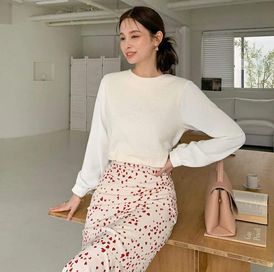 ツイード配色ブラウス・全2色・t00494 レディース 【bl】トップス ブラウス 長袖 配色 ツイード 上品 高級感 大人 きれいめ 異素材 ラウンドネック フェミニン 秋 冬 韓国ファッション ハイホリHIHOLLI