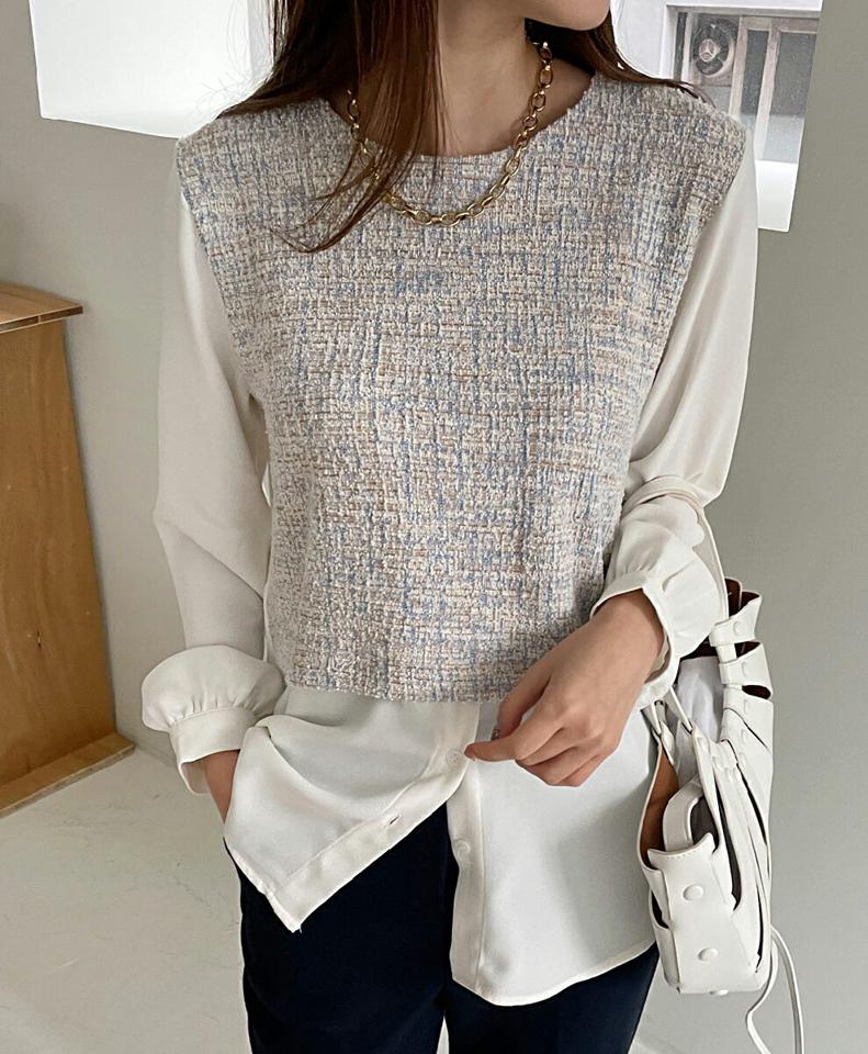 ツイード配色ブラウス・全2色・t00494 レディース 【bl】トップス ブラウス 長袖 配色 ツイード 上品 高級感 大人 きれいめ 異素材 ラウンドネック フェミニン 秋 冬 韓国ファッション ハイホリHIHOLLI