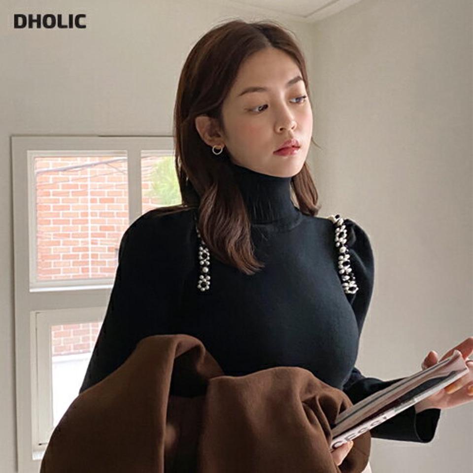 フラワーモチーフパフニット・全3色・t65919 レディース 【tops】韓国ファッション トップス ニット 大人 長袖 タートルネック フラワーモチーフ フェイクパール ビーズ スリム 異素材 シンプル 体型カバー フェミニン カジュアル 秋 冬