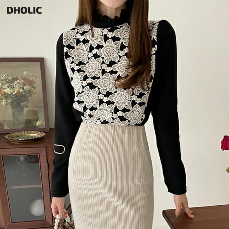 起毛レースフリルブラウス・全2色・t00490 レディース 【bl】トップス ブラウス 長袖 フリル レース 起毛 ソフト 上品 フェミニン ハーフネック 大人 襟コン 秋 冬 韓国ファッション ハイホリHIHOLLI