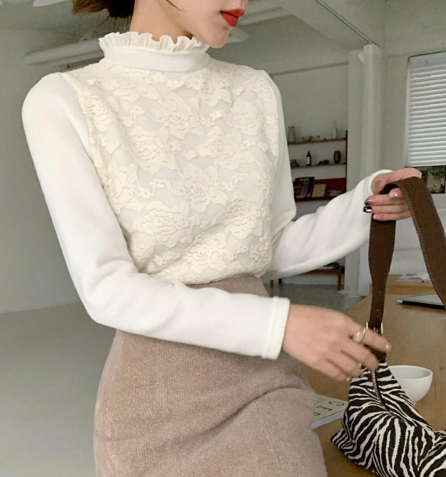 起毛レースフリルブラウス・全2色・t00490 レディース 【bl】トップス ブラウス 長袖 フリル レース 起毛 ソフト 上品 フェミニン ハーフネック 大人 襟コン 秋 冬 韓国ファッション ハイホリHIHOLLI