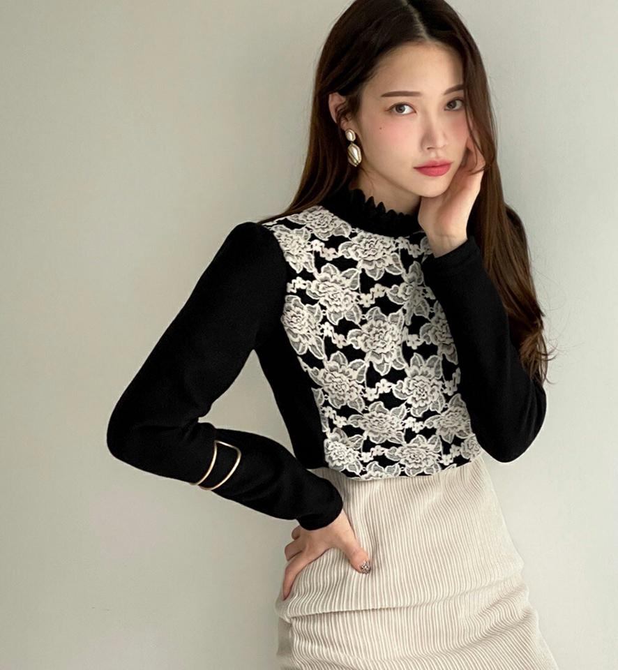 起毛レースフリルブラウス・全2色・t00490 レディース 【bl】トップス ブラウス 長袖 フリル レース 起毛 ソフト 上品 フェミニン ハーフネック 大人 襟コン 秋 冬 韓国ファッション ハイホリHIHOLLI