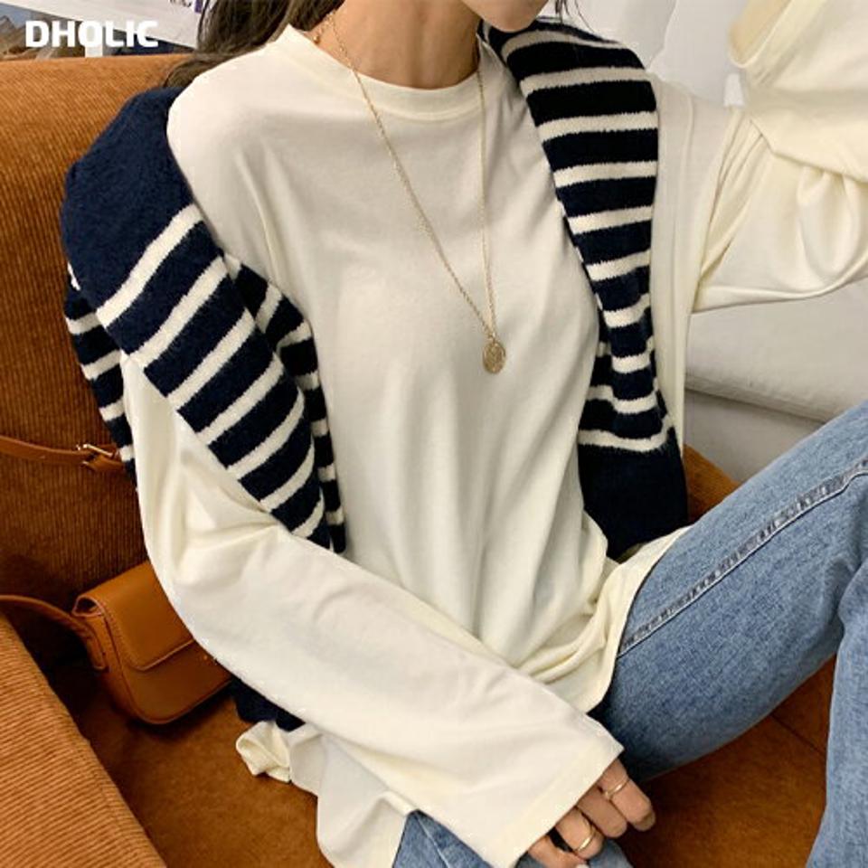 サイドスリットラウンドTシャツ・全6色・b66347 レディース 【tops】韓国ファッション トップス Tシャツ 大人 長袖 ラウンドネック スリット ルーズ ドロップショルダー 無地 ベーシック シンプル 体型カバー フェミニン カジュアル 秋 冬