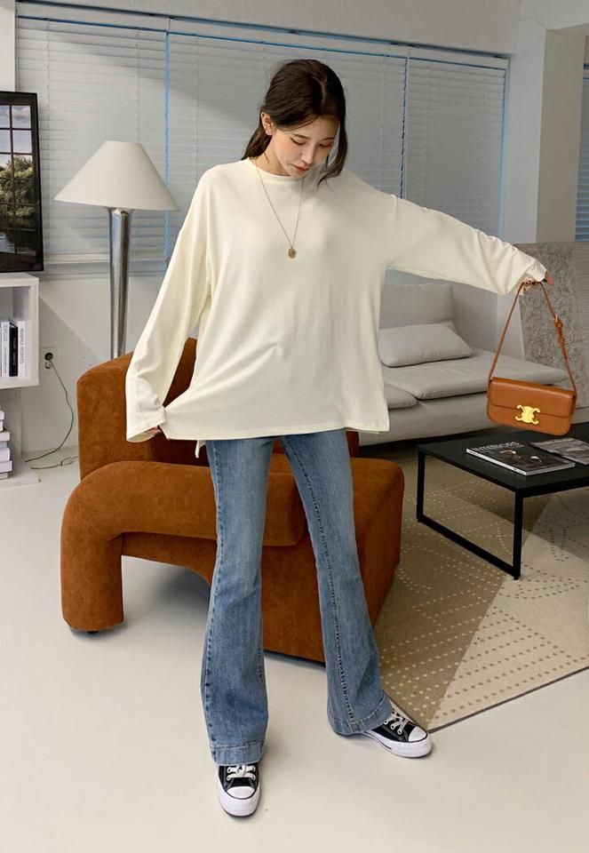 サイドスリットラウンドTシャツ・全6色・b66347 レディース 【tops】韓国ファッション トップス Tシャツ 大人 長袖 ラウンドネック スリット ルーズ ドロップショルダー 無地 ベーシック シンプル 体型カバー フェミニン カジュアル 秋 冬