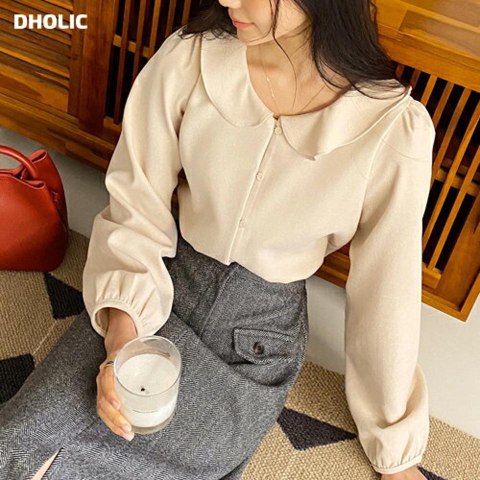 ウェーブカラーブラウス・全3色・t66362 レディース 【bl】韓国ファッション トップス ブラウス 長袖 カラーネック ウェーブカラー ギャザー パフスリーブ ボタン 無地 シンプル 大人 体型カバー カジュアル フェミニン 秋 冬