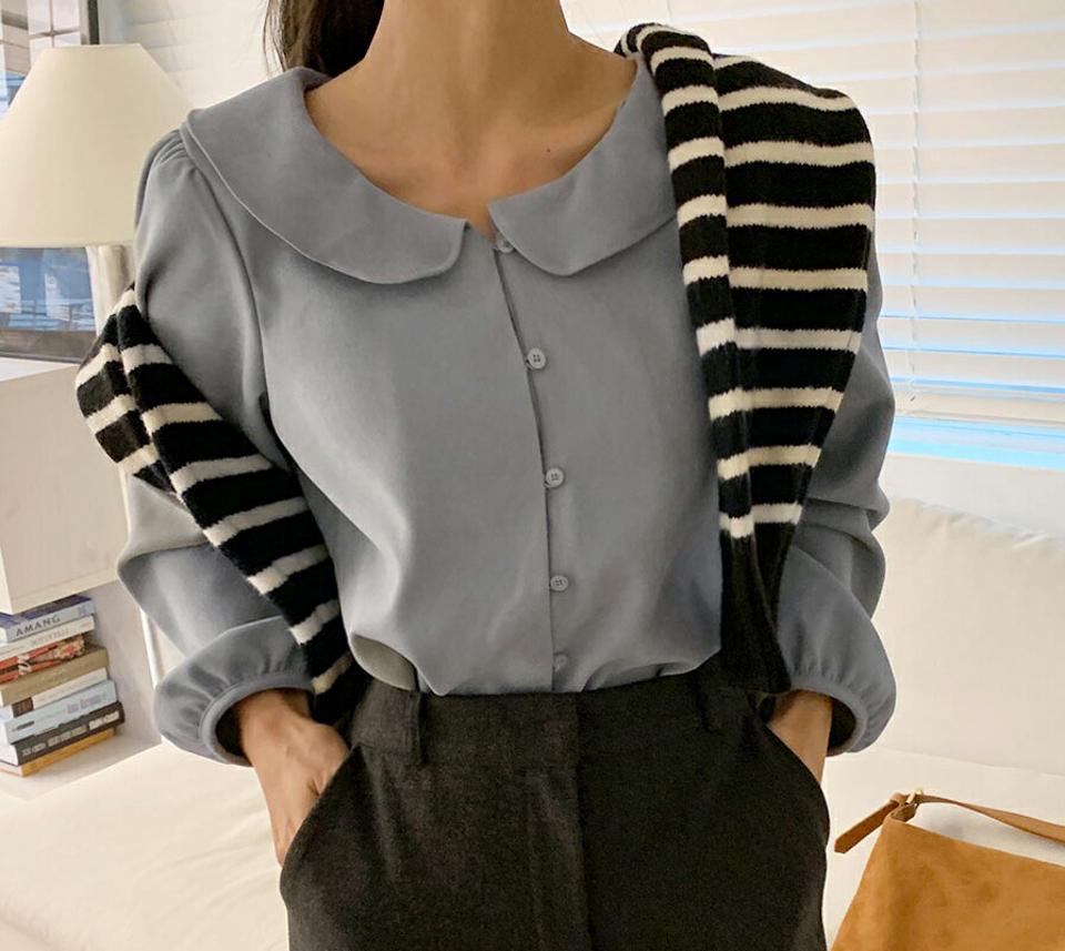 ウェーブカラーブラウス・全3色・t66362 レディース 【bl】韓国ファッション トップス ブラウス 長袖 カラーネック ウェーブカラー ギャザー パフスリーブ ボタン 無地 シンプル 大人 体型カバー カジュアル フェミニン 秋 冬