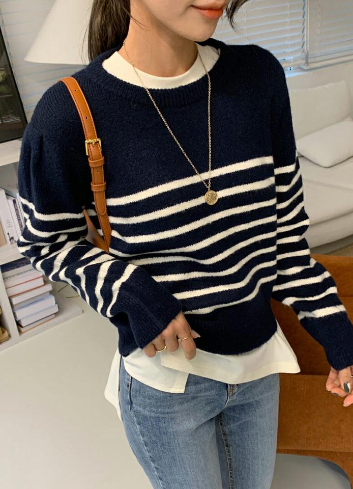 パフボーダーニット・全4色・b66361 レディース 【tops】韓国ファッション トップス ニット 大人 長袖 ラウンドネック パフスリーブ ボーダー柄 シンプル フェミニン カジュアル 秋 冬