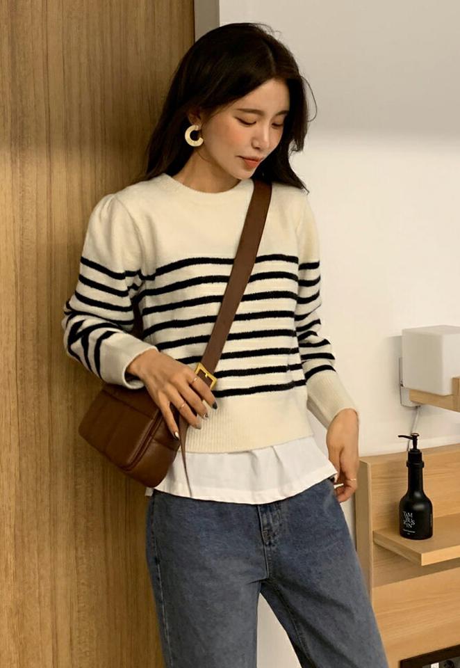 パフボーダーニット・全4色・b66361 レディース 【tops】韓国ファッション トップス ニット 大人 長袖 ラウンドネック パフスリーブ ボーダー柄 シンプル フェミニン カジュアル 秋 冬