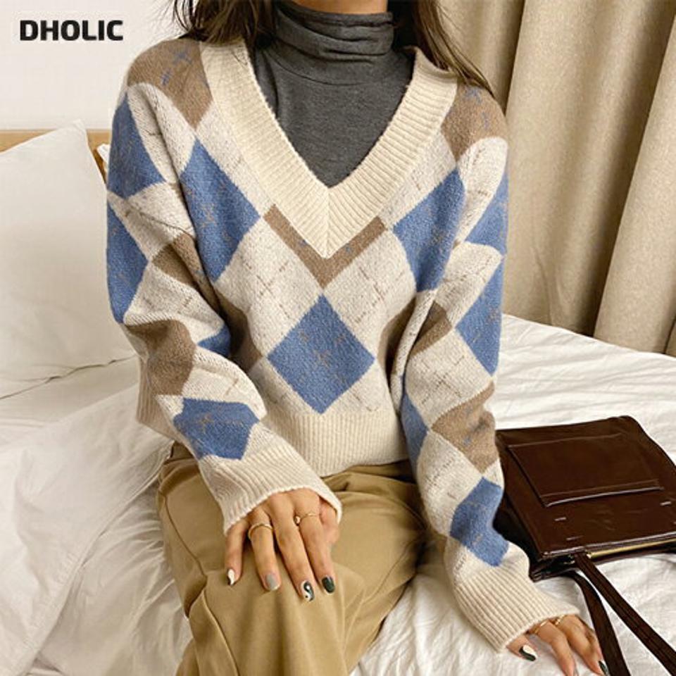 Vネックアーガイルニット・全4色・t66363 レディース 【tops】韓国ファッション トップス ニット 大人 長袖 Vネック アーガイル 柄ニット クロップド丈 ドロップショルダー 異素材 無地 シンプル 体型カバー フェミニン カジュアル 秋 冬