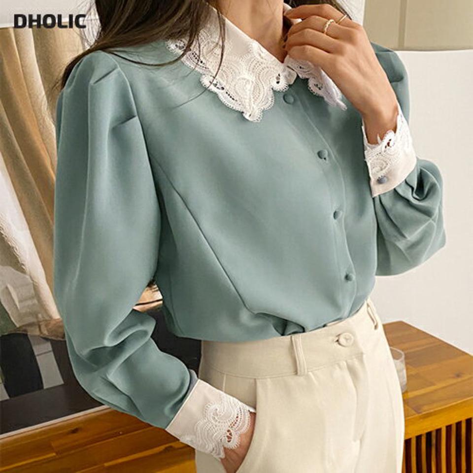 レースコントラストブラウス・全4色・b66360 レディース 【bl】韓国ファッション トップス ブラウス 長袖 カラーネック レース 配色 コントラスト パフスリーブ ボタン シンプル 大人 体型カバー カジュアル フェミニン 秋 冬