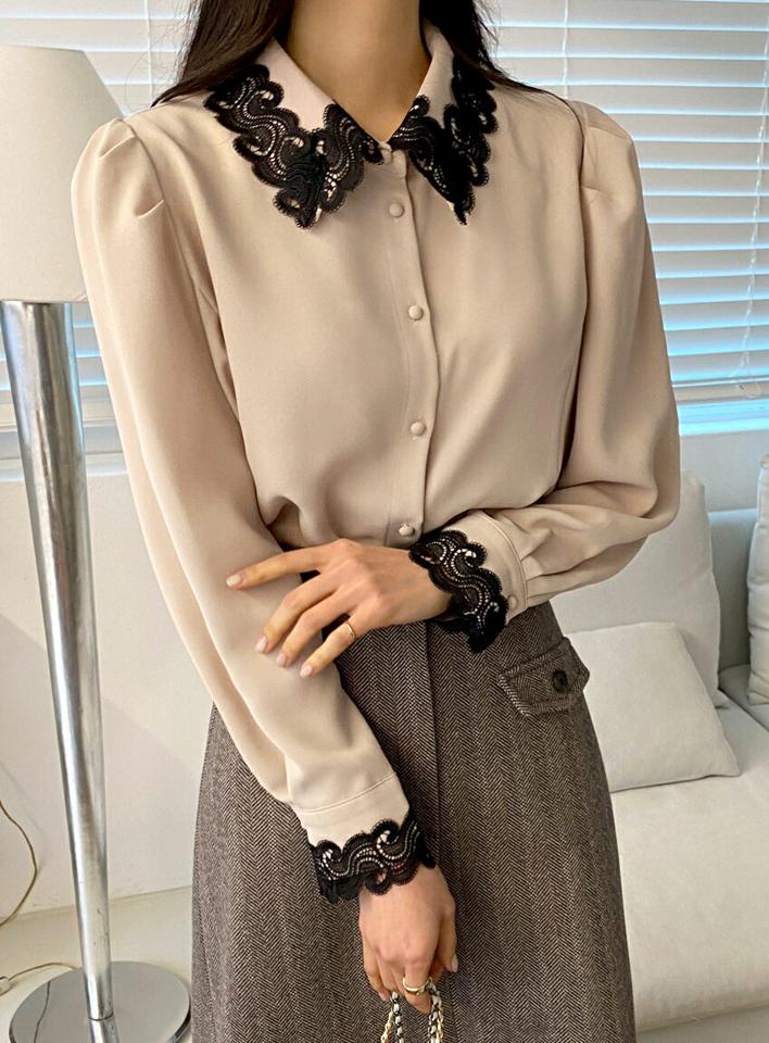 レースコントラストブラウス・全4色・b66360 レディース 【bl】韓国ファッション トップス ブラウス 長袖 カラーネック レース 配色 コントラスト パフスリーブ ボタン シンプル 大人 体型カバー カジュアル フェミニン 秋 冬