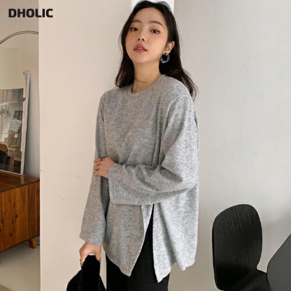 起毛ダイアゴナルスリットTシャツ・全5色・t66379 レディース 【tops】韓国ファッション トップス Tシャツ 大人 長袖 ラウンドネック 起毛 ダイアゴナル スリット ルーズ 異素材 無地 シンプル 体型カバー フェミニン カジュアル デイリー 秋 冬