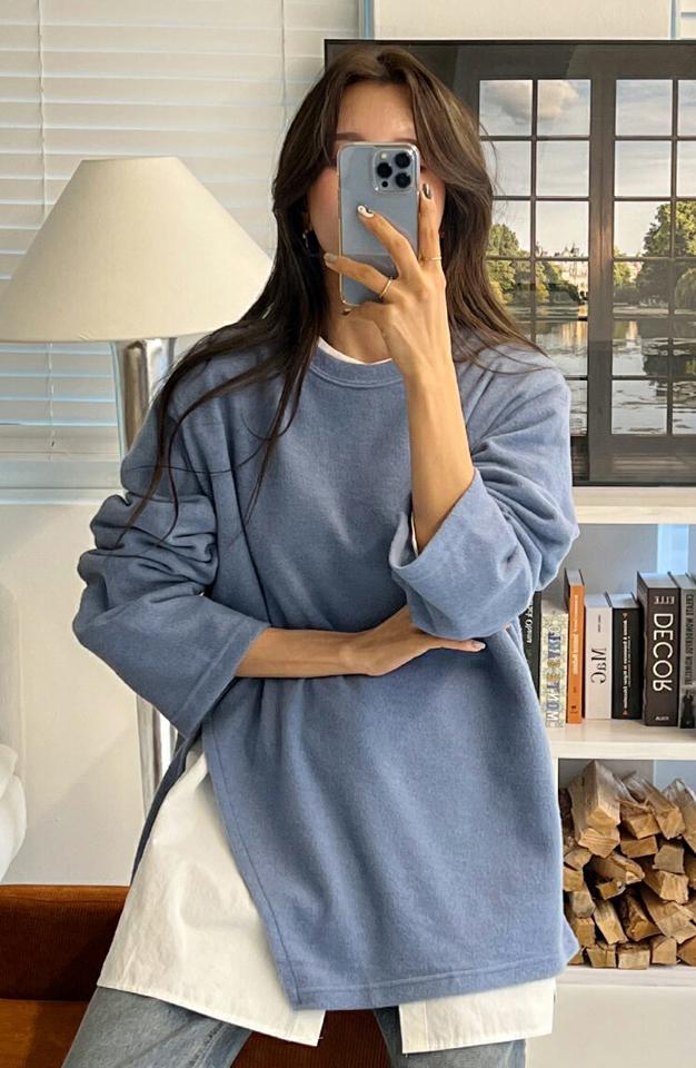 起毛ダイアゴナルスリットTシャツ・全5色・t66379 レディース 【tops】韓国ファッション トップス Tシャツ 大人 長袖 ラウンドネック 起毛 ダイアゴナル スリット ルーズ 異素材 無地 シンプル 体型カバー フェミニン カジュアル デイリー 秋 冬
