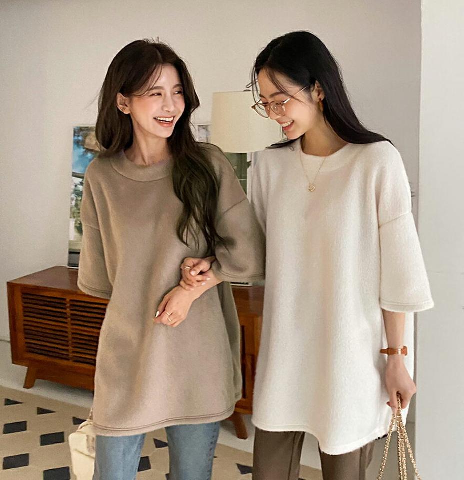 ソフトロングTシャツ・全4色・b66394 レディース 【tops】韓国ファッション トップス Tシャツ 大人 半袖 ラウンドネック ソフトタッチ 厚手 ロングTシャツ 無地 ベーシック シンプル 体型カバー フェミニン カジュアル 秋 冬