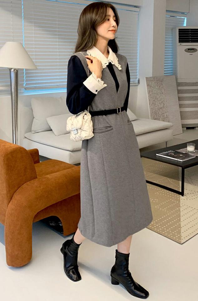 ネックスリットノースリワンピース・全2色・b66386 レディース 【ops】韓国ファッション ワンピース ロングワンピース ノースリーブ カラーネック ネックスリット ダーツ スリーブレス ウール混 ミディ丈 シンプル カジュアル 秋 冬