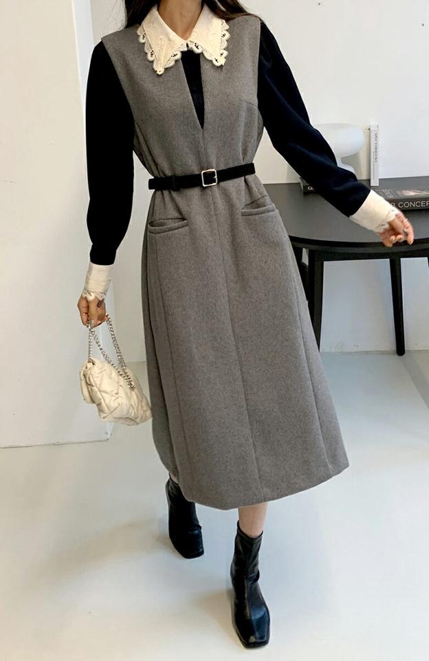 ネックスリットノースリワンピース・全2色・b66386 レディース 【ops】韓国ファッション ワンピース ロングワンピース ノースリーブ カラーネック ネックスリット ダーツ スリーブレス ウール混 ミディ丈 シンプル カジュアル 秋 冬