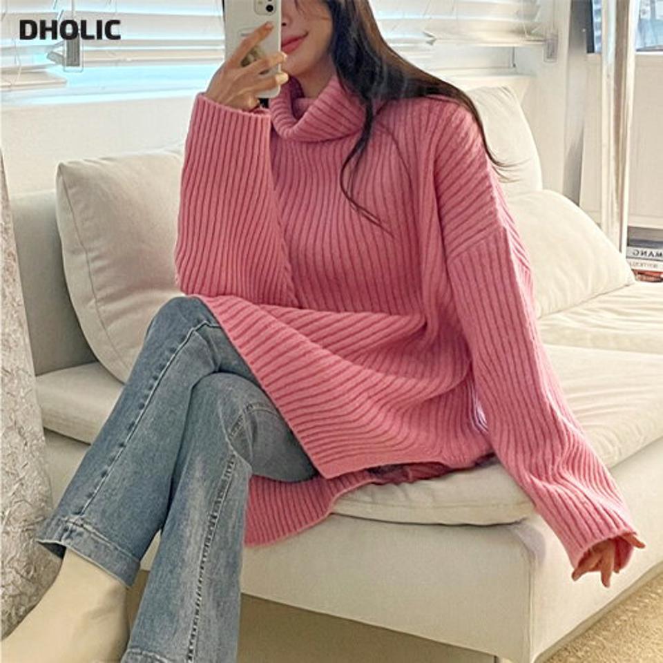 タートルネックスリットルーズニット・全5色・t66387 レディース 【tops】韓国ファッション トップス ニット 大人 長袖 タートルネック スリット ルーズ アンバランス カラーニット 異素材 無地 シンプル 体型カバー フェミニン カジュアル 秋 冬
